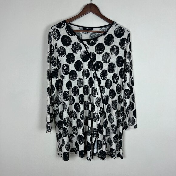 Comfy USA‎ Tunic Top Womens XL Black Beige Polka Dot Circle Print Artsy Slit - Picture 1 of 9